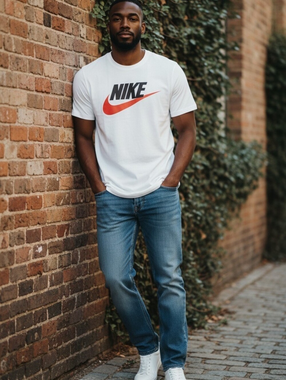 Nike White Short-Sleeve Tee with Red Swoosh and Black Logo